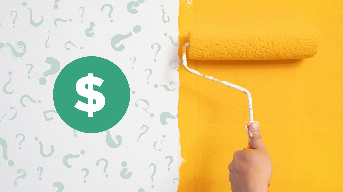 A Paint Roller Painting a Wall Yellow With Question Mark Graphics and a Dollar Sign Graphic.