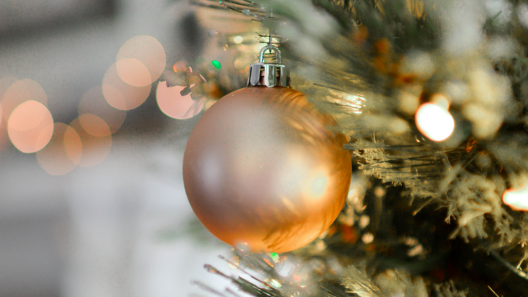 A close up of a Christmas ornament hanging from a tree