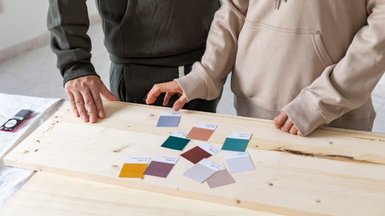 Two people stand in front of a table with paint color swatches on it