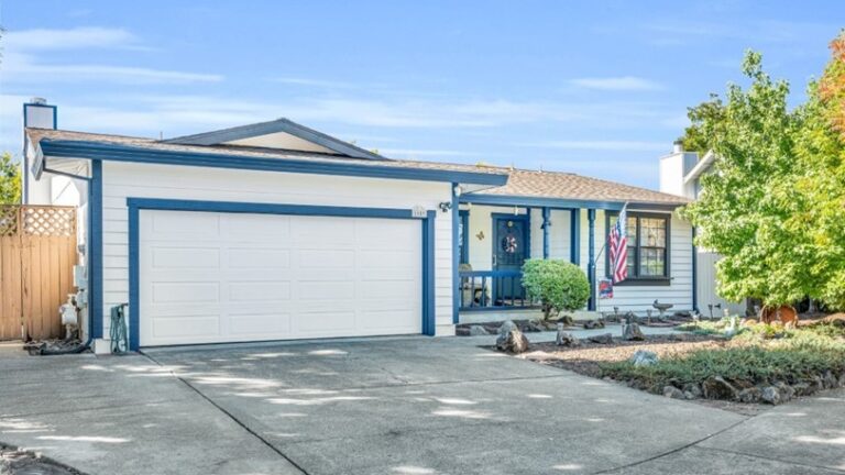 The exterior of a home that has been painted blue and white