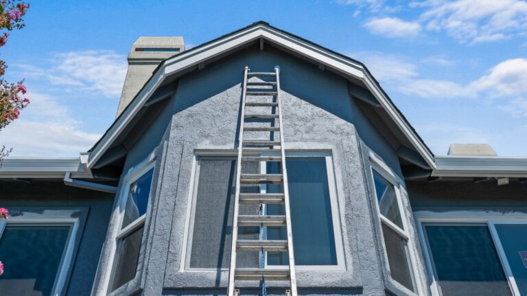 A ladder resting against the exterior of a home in the process of being painted