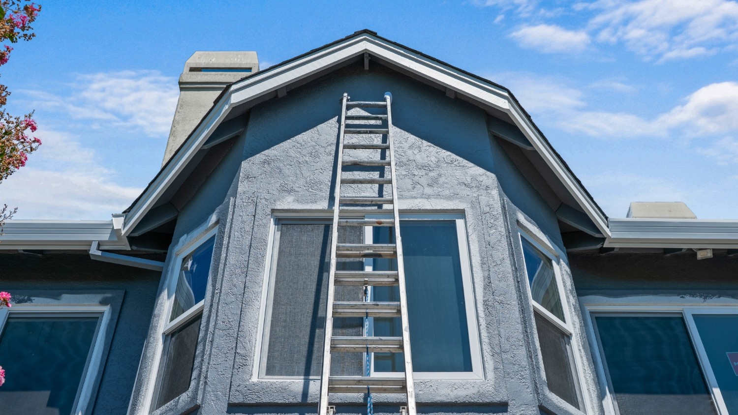 A ladder resting against the exterior of a home in the process of being painted