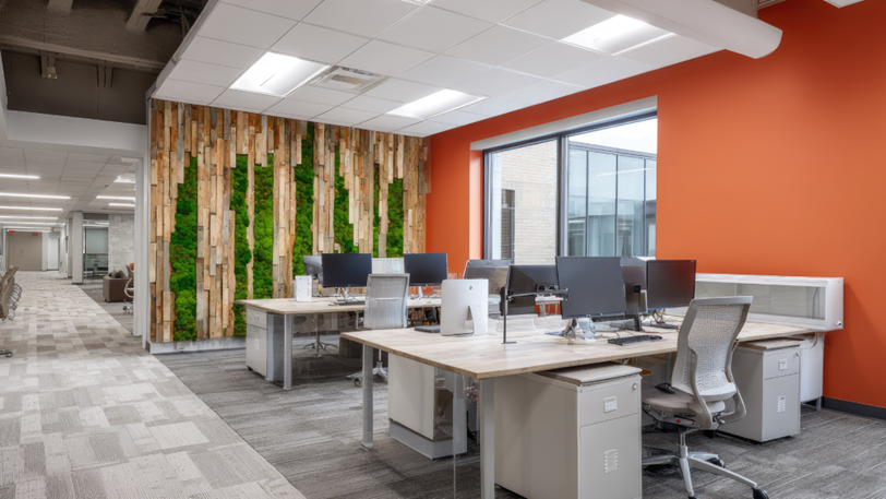 A modern office with one vibrant orange wall and a wall with wood and planters